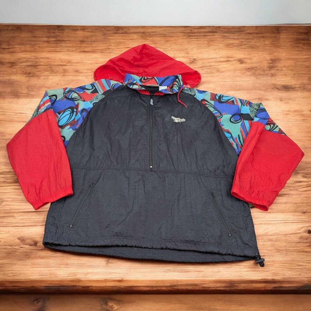 Vintage Reebok 90s Baggy‎ Windbreaker Rare Colorful Block Sz L Black Red *READ